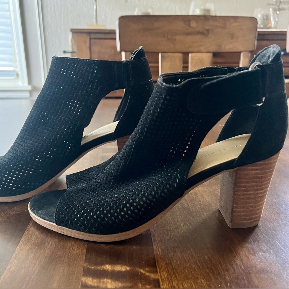 Marc Fisher Deztin Heel Sandals, Black Suede, Sz 8